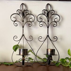 Set of 2 Vintage Metal Black & Bronze Tone 17" Decorative Wall Candle Holders